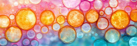 Colorful Bacteria Cells, Microscopic View, Orange, Pink, Blue Background, Detailed Illustrationの素材