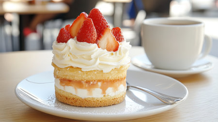 Strawberry Shortcake Delight Creamy Layers of Freshness With a Steaming Cup of Coffeeの素材