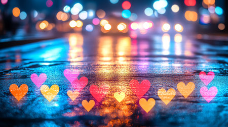 Dreamy City Street with Twinkling Heart Shaped Bokeh, Night Time, Valentines Day Backgroundの素材