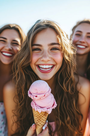 Three Young Women Smiling, Having Fun, and Enjoying Strawberry Ice Cream Cones Togetherの素材
