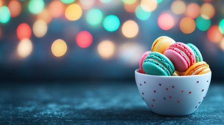 Colorful French Macarons in a Bowl, Festive Bokeh Background, Perfect for Bakery Promotionsの素材