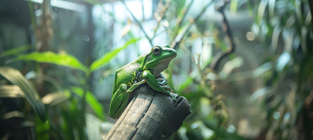 Tropical Serenity Green Frog Surveys Its Lush, Green Oasis From Atop a Sun-Dappled Branchの素材