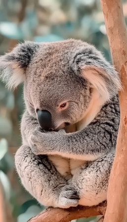Serene Koala Bear Portrait, Contemplative Pose Amidst Eucalyptus Trees, Soft Natural Lightの素材