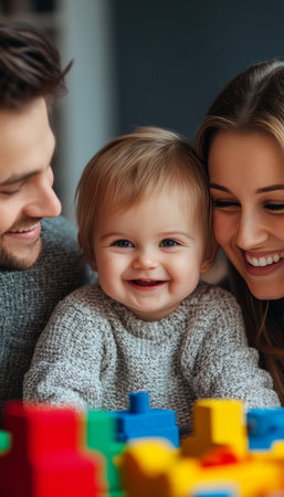 Happy Family Fun Parents and Baby Girl, Joyful Playtime with Colorful Toys in Cozy Living Roomの素材