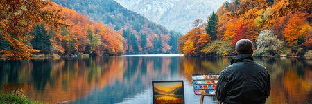 Scenic Autumn Lake Artist Captures Vibrant Foliage Reflections, Tranquil Fall Landscapeの素材