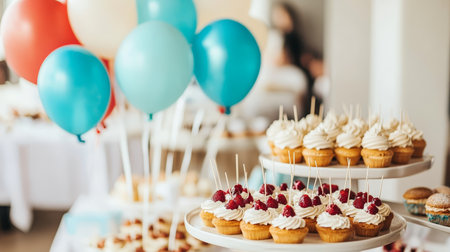 Birthday Party Table Decorated With Cupcakes, Desserts, Blue, Red Balloons. Catering, Festive Sweetの素材