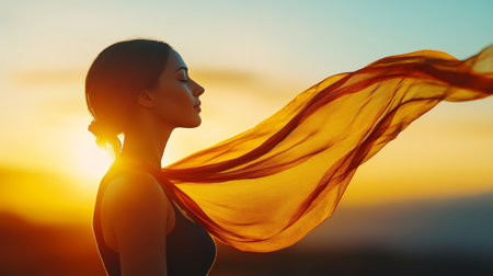 Woman Finding Inner Peace, Meditation with Flowing Fabric at Sunset, Mindfulness Conceptの素材