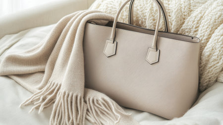 Stylish Neutral-Toned Handbag and Cozy Scarf A Study in Texture and Warmth for Fall Fashion.の素材