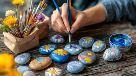 Creative Hobbies Person Painting Flowers Outdoors On Rocks, Surrounded by Art Supplies And Flowers.の素材