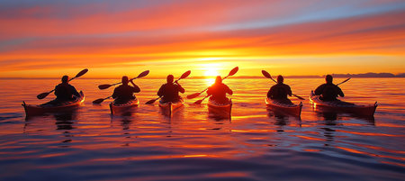 Enjoying Sunset Kayaking Silhouettes of Friends Embracing Tranquility on Calm Lake Waterの素材