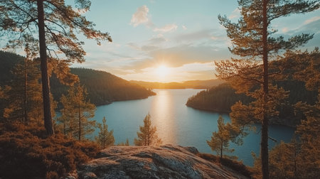 Golden Hour Tranquility Serene Sunset over Lake with Silhouetted Trees and Reflective Waterの素材