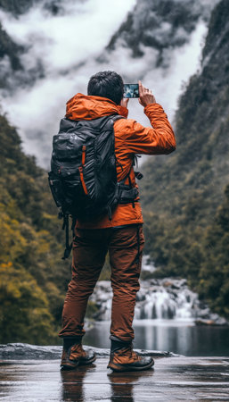Capturing the Moment Hiker Documents Breathtaking Waterfall Amidst Lush, Foggy Mountainsの素材