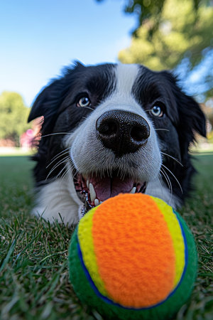 Happy Border Collie Dog Playing Fetch with Ball in Sunny Park,. Dog s Face Close Up Portrait,.の素材