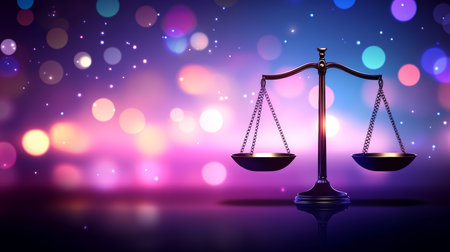 Scales of Justice Legal Concept, Elegant Blurred Colorful Lights Background, Illustration.の素材