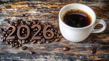 Coffee Beans Forming The Number 2026 With A Cup Of Fresh Coffee On A Rustic Wooden Table, Top Viewの素材