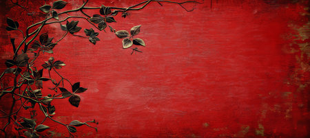 Dark, abstract design featuring black leaves on a vintage grunge red background with copy space.の素材