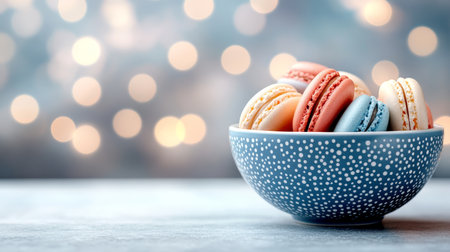 Colorful Macarons in Blue Bowl, Delicious French Dessert on Festive Blurred Background.の素材
