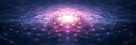 Spiritual Technology Digital Dreamcatcher with Connected Dots, Triangles, and Glowing Centerの素材