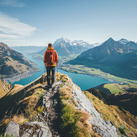 Triumphant Hiker Stands on a Mountain Summit, Embracing the Majestic Beauty of a Valley Vistaの素材