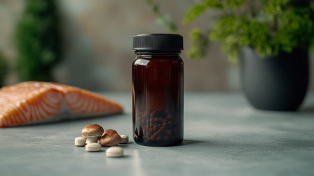 Salmon, Mushrooms, and Herbal Supplements Promoting a Holistic Approach to Wellness.の素材