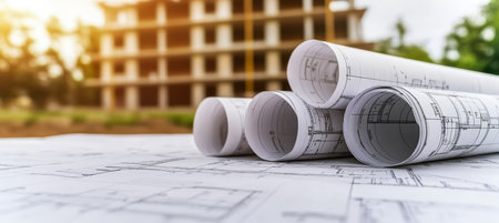 Architectural blueprints and construction plans on background of building under construction.の素材