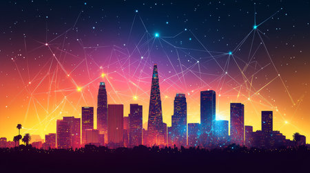 Connected Cityscape Luminous Network Over Vibrant Downtown Skyline at Sunset, Vector Illustrationの素材