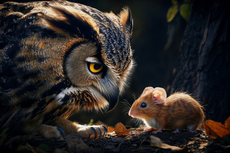 Owl and Mouse, a Moment of Truth A Captive Mouse Faces Predatory Owl in Dark Forest Setting.の素材