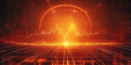 Vector Illustration Of Dynamic Heartbeat On Heart Rate Monitor, Grid With Circular Light.の素材