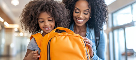 Happy Mother Helping Her Daughter With A Bright Orange Backpack, Preparing For Schoolの素材