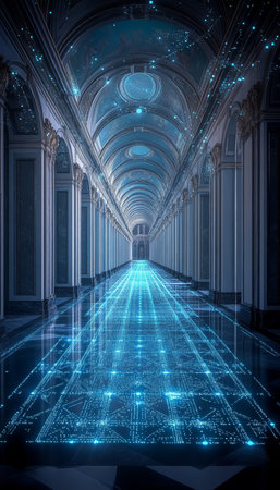Futuristic Museum Architecture, Digital Network Overlay, Blue Glowing Lines, Virtual Reality Conceptの素材