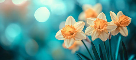 Vibrant Yellow Daffodils in Bloom A Symbol of Spring Against a Blurred Blue Backgroundの素材