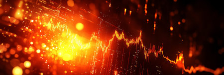 Financial Screen Stock Market Data, Red Line Charts, Upward Trend, Depth of Field With City Lightsの素材