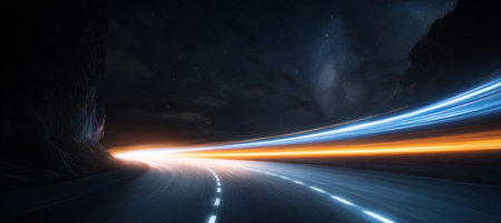 Dark Highway at Night, Long Exposure Car Light Streaks Curving Smoothly, Black Backgroundの素材