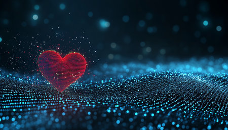 Glowing Red Digital Heart On Futuristic Blue Grid With Bokeh, Concept Of Love And Technologyの素材