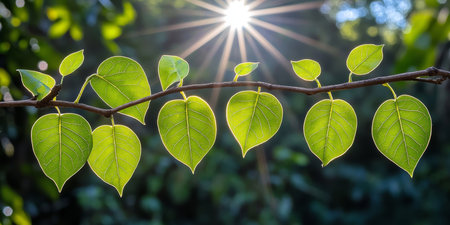 Translucent Spring Leaves on a Branch, Sunlight Starburst Background, Vibrant Green Huesの素材