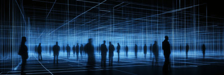 Abstract Representation Of Digital Network With Multiple Silhouettes In Blue Neon Grid Backgroundの素材