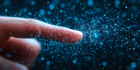 Fingertip Touching Glowing Network of Connections, Futuristic Technology and Data Concept.の素材