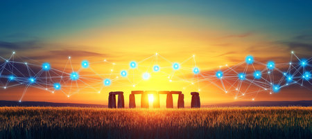 Digital Network Connects Ancient History Stonehenge Illuminated by Golden Sunset and Data Points.の素材
