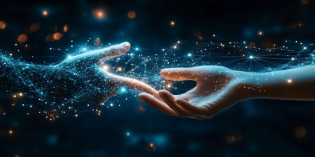 Connected Hands Radiant Network Linking Two Hands On A Dark Background With Abstract Lightsの素材