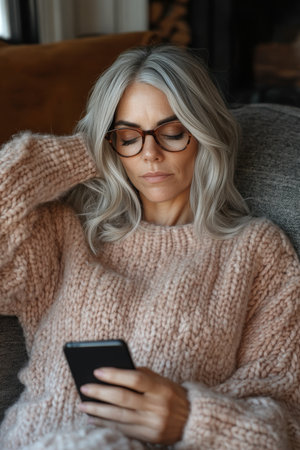 Mature Woman Experiencing Eye Discomfort While Using Smartphone, Home Interior Portraitの素材
