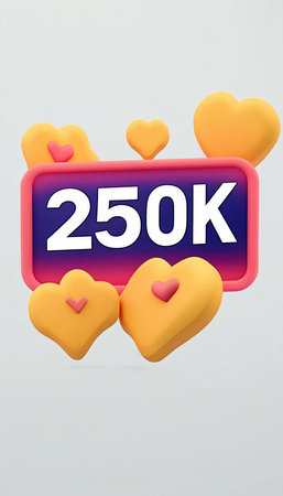 3D Render, 250K Celebration Banner With Yellow And Pink Hearts Isolated On A White Background.の素材
