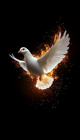 White Dove in Fiery Flight Symbol of Hope, Peace, and Resilience on Black Backgroundの素材
