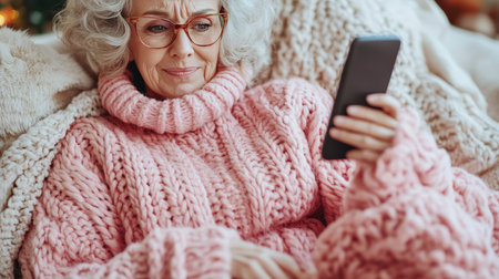 Senior Woman Concerned By Smartphone Content, Experiencing Digital Frustration In Cozy Home Interiorの素材