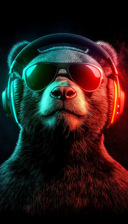 Neon Party Bear Cool Bear with Headphones and Sunglasses, Perfect for Music, Nightlife, and Funの素材