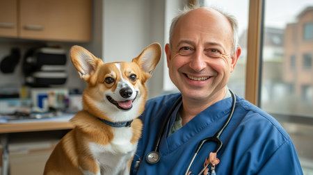 Happy Veterinarian in Blue Scrubs Holds Corgi Patient, Veterinary Office Setting with Window Lightの素材