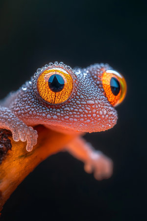 Close-Up Vibrant Orange and Blue Frog with Dewdrops, Captivating Wildlife Photography.の素材
