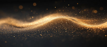 Abstract Golden Wavy Particle Dust With Its Luxury And Elegant Shine Effect On Dark Backgroundの素材