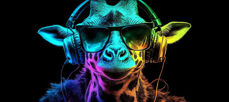Neon Party Animal Cool Giraffe DJ with Headphones and Sunglasses, Vibrant Colors on Blackの素材