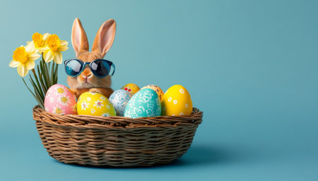 Cute Easter Bunny with Sunglasses and Colorful Eggs in a Basket, Isolated on a Blue Backgroundの素材