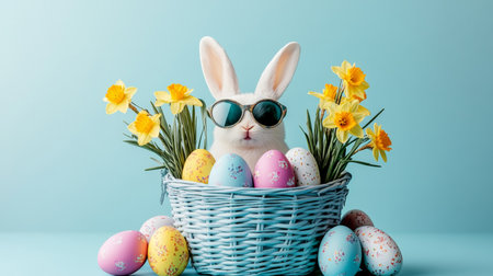 Stylish Easter Bunny With Sunglasses, Colorful Eggs, And Daffodils in Basket on Blue Background.の素材